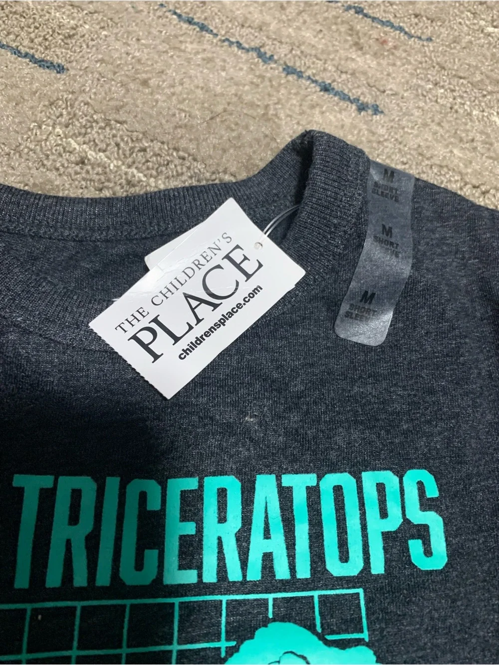 The Children's Place Charcoal Tee with Bright Teal Dinosaur Graphic